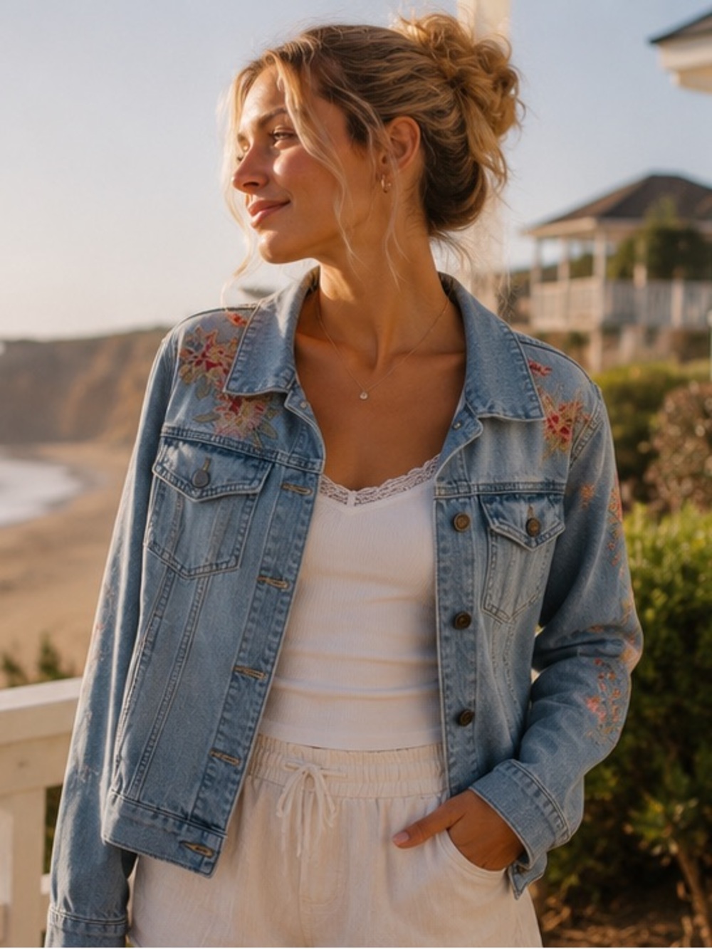 Driftwood Embroidered Floral Lightweight Denim Jean Jacket